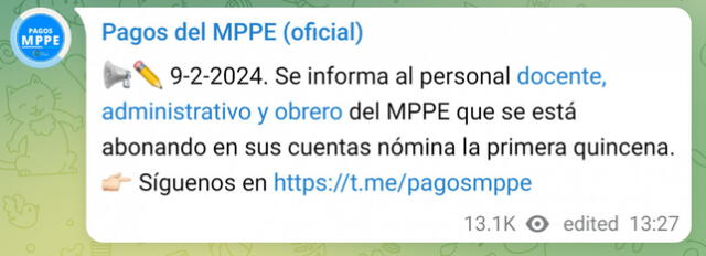 Anuncio de la primera quincena para el personal docente del MPPE. Foto: Pagos MPPE/Telegram   