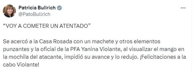 Patricia Bullrich confirmó la detención del sujeto que intentó ingresar a la Casa Rosada. Foto: @PatoBullrich/Twitter   