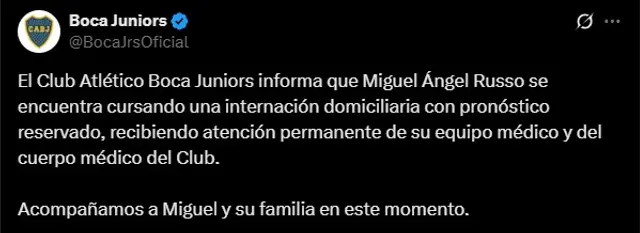 Pronunciamiento del club xeneixe sobre la situación de Miguel Ángel Russo. Foto: X/BocaJrsOficial   