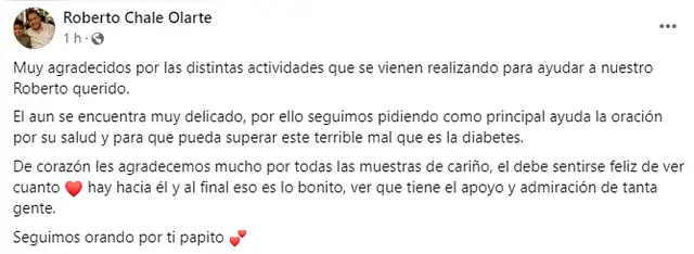 Mensaje en la cuenta oficial de Roberto Chale. Foto: captura de Facebook Mensaje en la cuenta oficial de Roberto Chale. Foto: captura de Facebook