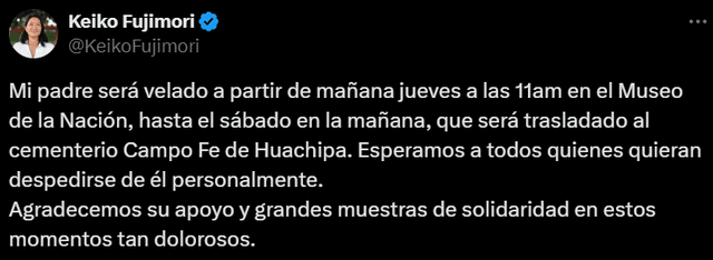  Keiko Fujimori confirma dónde serán velados y enterrados los restos de Alberto Fujimori / X.   