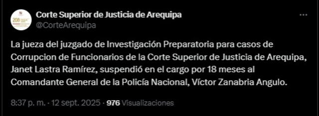 Tuit realizado por la Corte Superior de Justicia de Arequipa | Fuente: X-@CorteArequipa Tuit realizado por la Corte Superior de Justicia de Arequipa | Fuente: X-@CorteArequipa