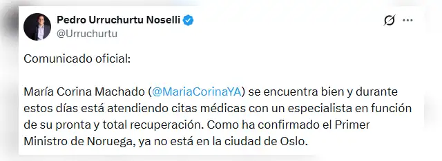  El coordinador de asuntos internacionles de María Corina Machado informó que la opositora se encuentra bien y fuera de Oslo. Foto: X/ Urruchurtu   