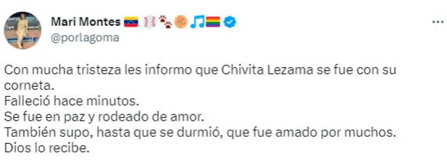 La periodista Mari Montes informó sobre el deceso de 'Chivita' Lezama. Foto: @PorLaGoma/Twitter   