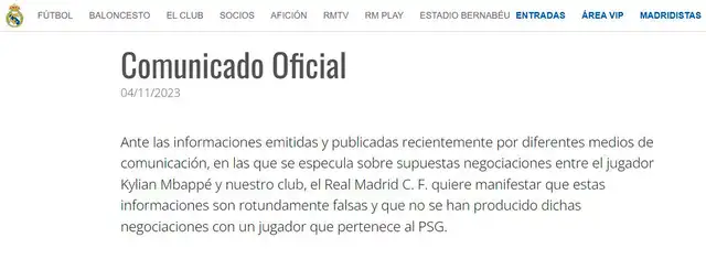 Comunicado Real Madrid sobre Mbappé. <strong>Foto: captura Real Madrid</strong>   