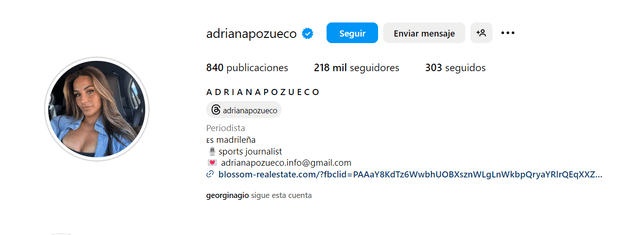 El perfil de Instagram de Adriana Pozueco. Foto: captura de Instagram   