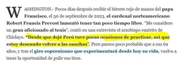 Poco después de ser proclamado cardenal, Robert Prevost tuvo que dejar el Perú. Foto: captura de La Nación Poco después de ser proclamado cardenal, Robert Prevost tuvo que dejar el Perú. Foto: captura de La Nación