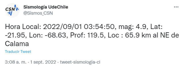 Último sismo en Chile hoy, jueves 1 de septiembre. Foto: Captura Twitter @Sismos_CSN