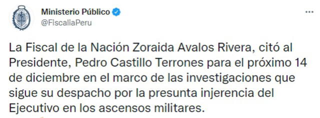 Tuit del Ministerio Público sobre el caso que involucra a Pedro Castillo. foto: captura