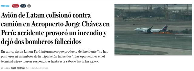 Así informa la prensa internacional sobre la colisión del avión de Latam en el Jorge Chávez. Foto: captura El Tiempo
