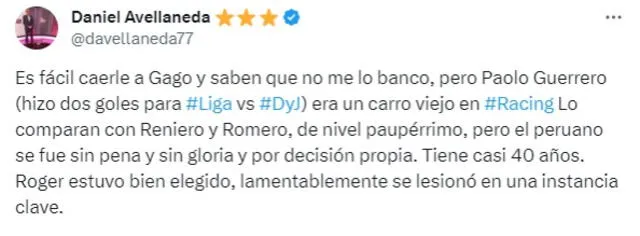  Daniel Avellaneda arremetió contra Paolo Guerrero. Foto: captura de X   