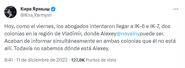  Aliados del opositor ruso denunciaron la desaparición de Navalny por X, antes Twitter. Foto: Captura de X/@Kira_Yarmysh    