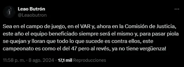  Tuit de Leao Butrón en que despotrica contra Universitario. Foto: captura de X/Leao Butrón   