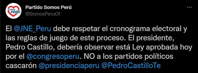 Somos Perú rechaza aprobación del texto sustitutorio del proyecto de ley 1271. Foto: captura de Twitter