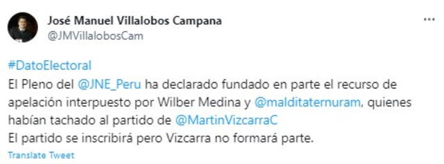  Experto en temas electorales se pronuncia por situación de Martín Vizcarra. Foto: Twitter/JMVillalobosCam   