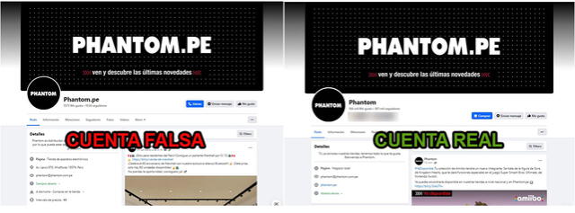  Cuenta falsa vs. cuenta real. El perfil apócrifo suplanta la identidad de Phantom. Foto: capturas en Facebook y Facebook oficial de Phantom.   
