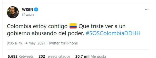 Mensaje de artistas ante crisis social en Colombia. Foto: capturas de Twitter e Instagram