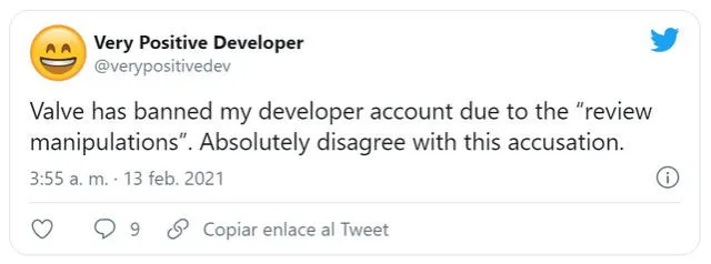 El desarrollador rechazó la decisión. Foto: Twitter/verypositivedev