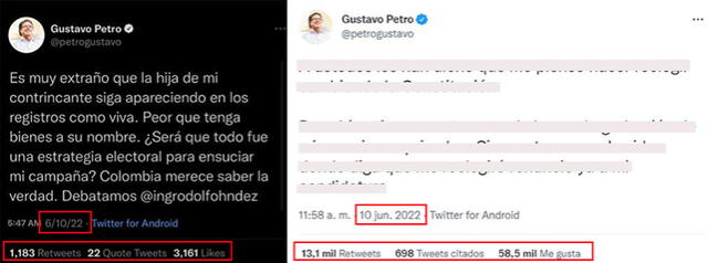 Tuit falso (a la derecha de la imagen) y un tuit real de Gustavo Petro del 10 de junio (a la izquierda). Foto: composición.