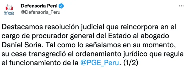 Pronunciamiento de la Defensoría sobre caso Daniel Soria. Foto: captura de Twitter