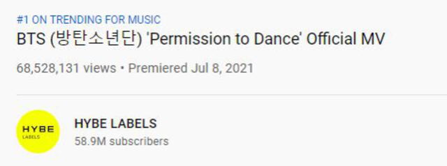 BTS: vistas de Permission to dance en 24 horas. Foto: captura YouTube