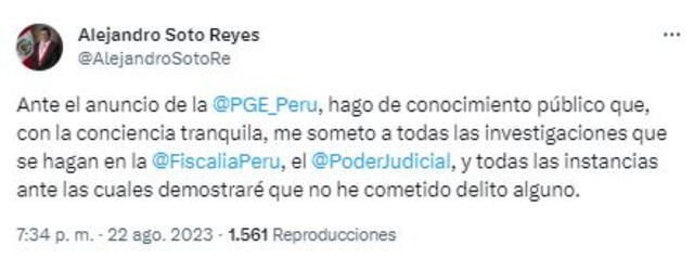  Congresista Alejandro Soto tras solicitud de Procuraduría de iniciar investigaciones en su contra. Foto: Twitter.   