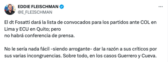 Eddie Fleischman sobre la lista de convocados de Jorge Fossati para los partidos de setiembre por Eliminatorias. Foto: captura de Twitter/Eddie Fleischman   