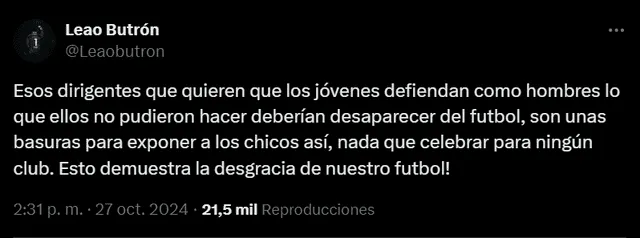  Tuit de Leao Butrón sobre la goleada de Sporting Cristal. Foto: captura de X/Leao Butrón   