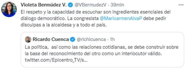 Violeta Bermúdez sobre incidente protagonizado por la presidenta del Congreso con una alcaldesa. Foto: Captura Twitter