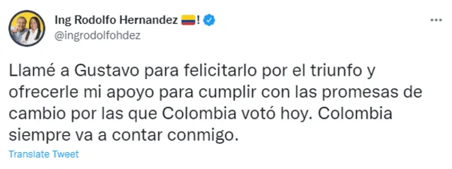 Tweet de felicitación de Rodolfo Hernández a Gustavo Petro. Foto: Twitter Rodolfo Hernández
