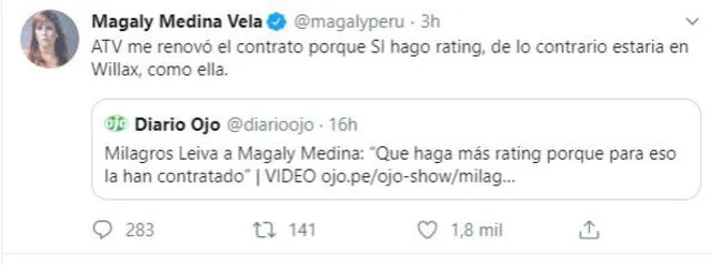 Magaly Medina responde a Milagros Leiva en Twitter.