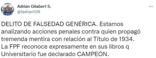 Publicación de Adrián Gilabert sobre el título de 1934. Foto: captura Twitter