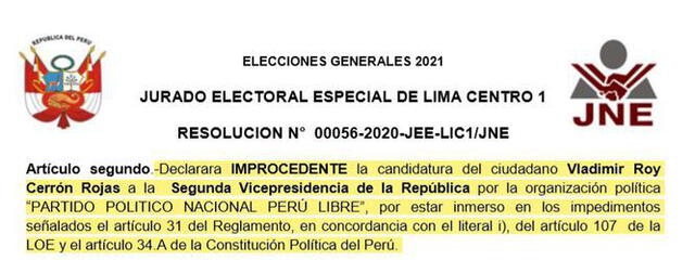 El Jurado Especial Electoral declaró, el 25 de diciembre de 2020, improcedente la candidatura de Vladimir Cerrón debido a su sentencia por corrupción. Foto: Resolución 000056-2020-JEE-LIC1/JNE