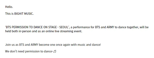 Comunicado de BIGHIT sobre BTS en Permission to dance on stage en Seúl. Foto: Weverse