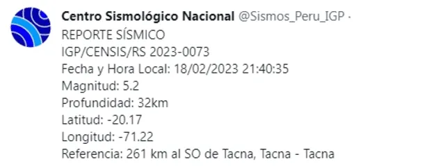  Sismo de magnitud 5.2 en Tacna. Foto: IGP<br><br>   