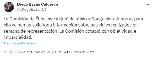  Pronunciamiento de Diego Bazán. Foto Twitter   