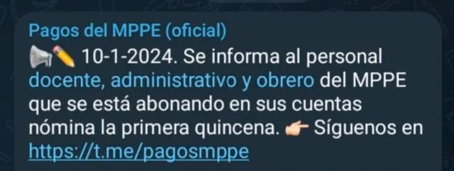 Gobierno de Venezuela anunció la primera quincena MPPE de enero 2024. Foto: Pagos MPPE/Telegram   
