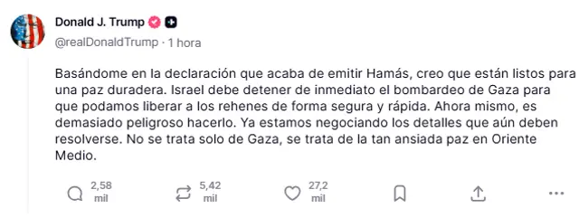  Publicación de Donald Trump en Truth Social.   