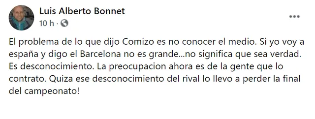 Luis Alberto Bonnet le respondió a Ángel Comizzo en Facebook.