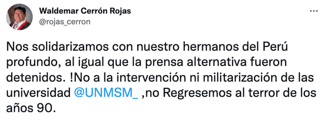 Waldemar Cerrón se pronunció sobre la intervención policial a la UNMSM. Foto: captura de Twitter