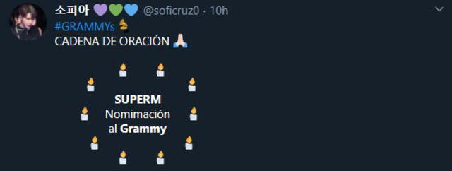 Reacción de los fans de SuperM, previo al evento de nominados de los Grammy. Foto: captura Twitter