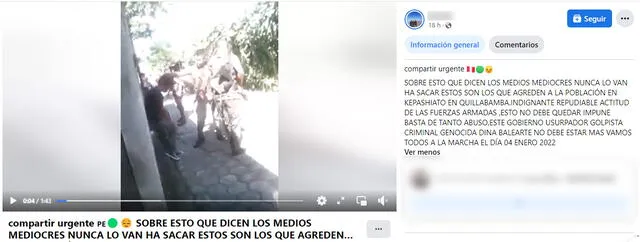 Post asegura que video muestra a las Fuerzas Armadas de Perú agrediendo a pobladores de Cusco. Foto: captura en Facebook.