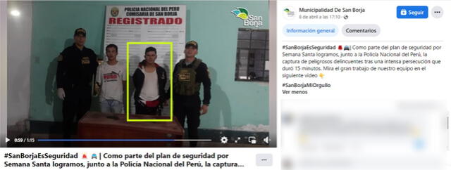  Imagen de la detención de los hombres que fueron perseguidos por la policía y serenos en Lima. Uno de ellos viste una similar casaca a la persona que aparece en el clip viral. Foto: captura en Facebook / Municipalidad de San Borja.    