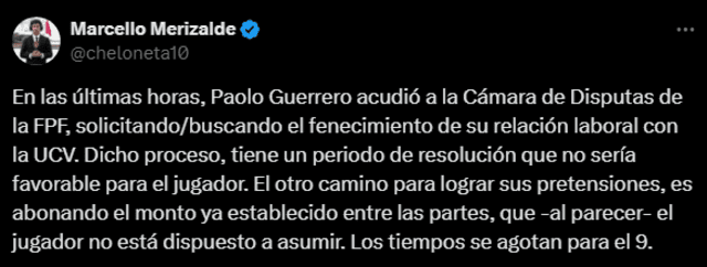  Tuit del periodista Marcello Merizalde sobre el caso de Paolo Guerrero. Foto: captura de X/Marcello Merizalde   