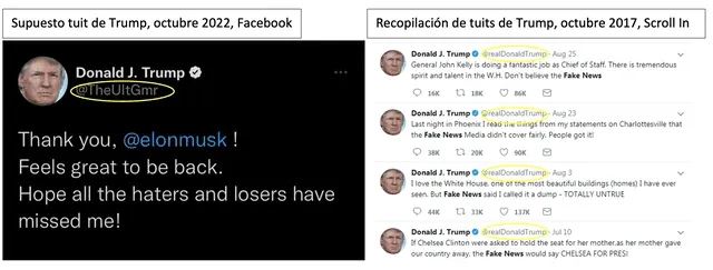 Comparación entre la imagen viral actual (izquierda) y una recopilación de tuits emitidos por Trump antes de que inhabilitaran su cuenta (derecha). Foto: composición LR/Facebook/Scroll In.
