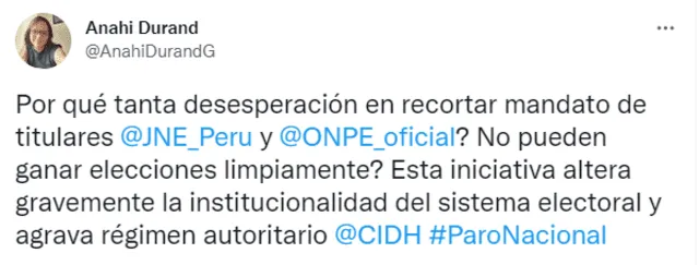 Anahi Durand sobre PL para sacar jefes de ONPE y JNE: “¿No puede ganar las elecciones limpiamente?”. Foto: @AnahiDurandG/Twitter