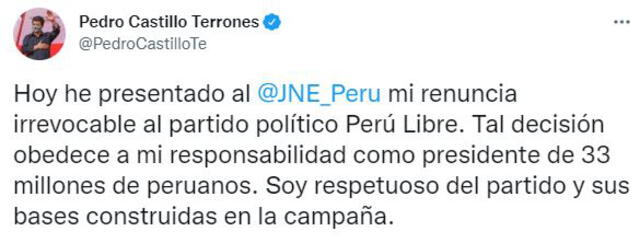 Pedro Castillo Terrones renunció a su militancia en Perú Libre. Foto: Captura Twitter
