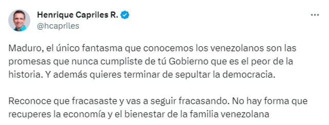 La respuesta del exgobernador de Miranda ante lo expresado por el líder de Venezuela. Foto: Twitter   