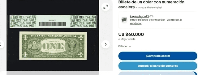 Efectivamente, el billete de 1 dólar puede ser valorado en más de 60.000 dólares estadounidenses. Foto: eBay   