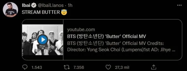 Tweet de Ibai para el stream de "Butter" de BTS. Foto: captura Twitter.